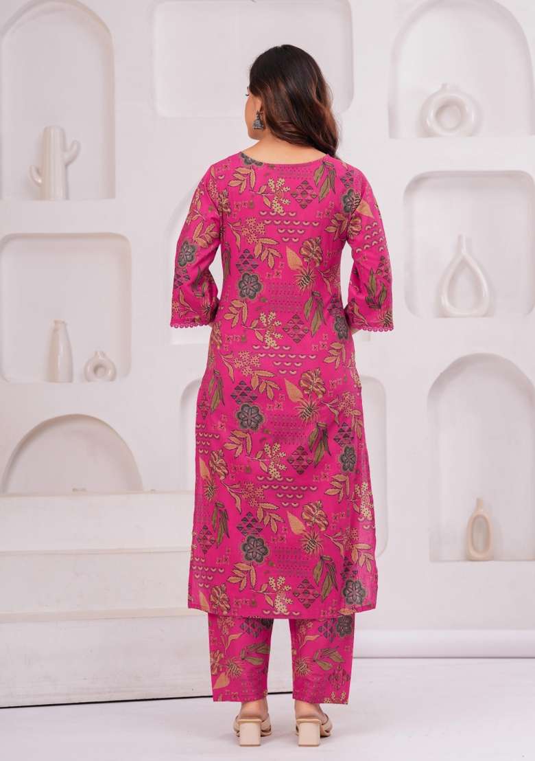 Pink Printed Cotton Kurta Set - Indya