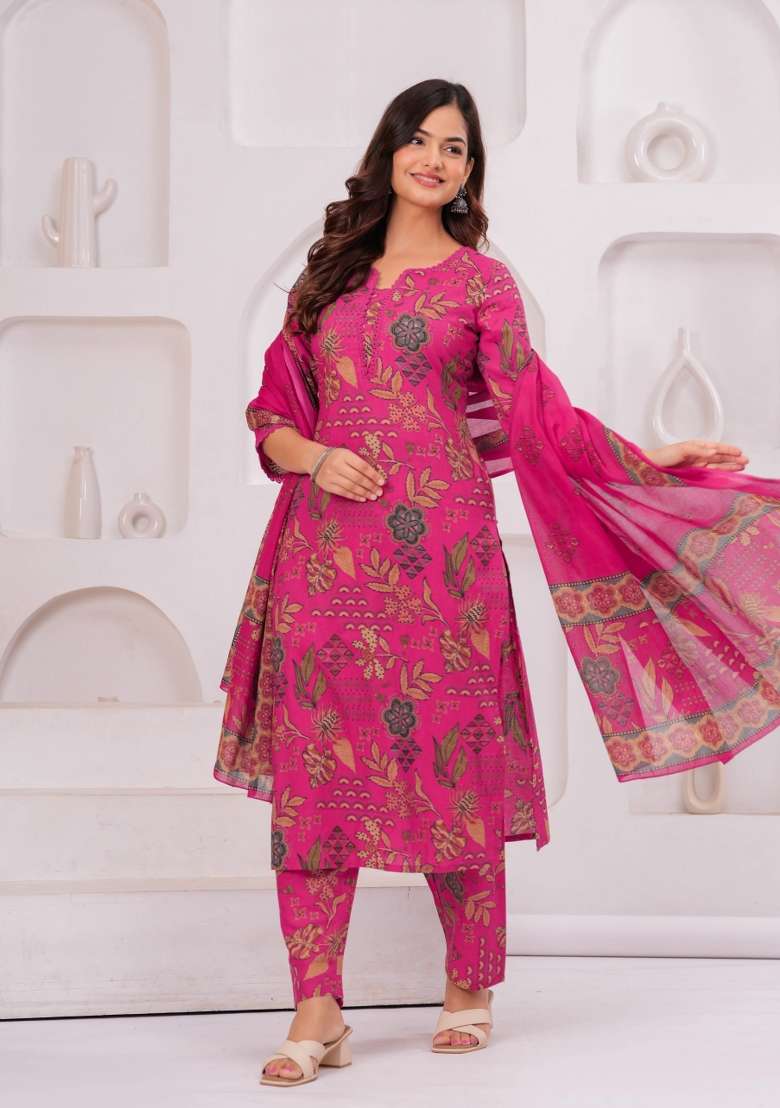 Pink Printed Cotton Kurta Set - Indya