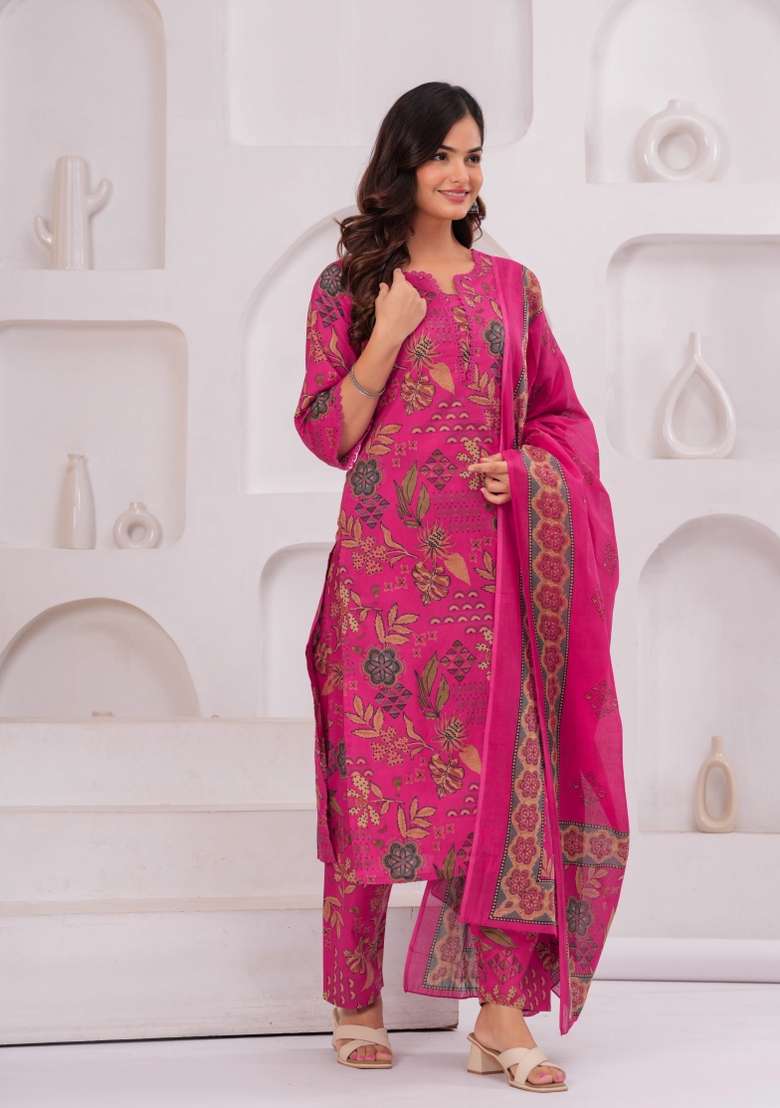 Pink Printed Cotton Kurta Set - Indya