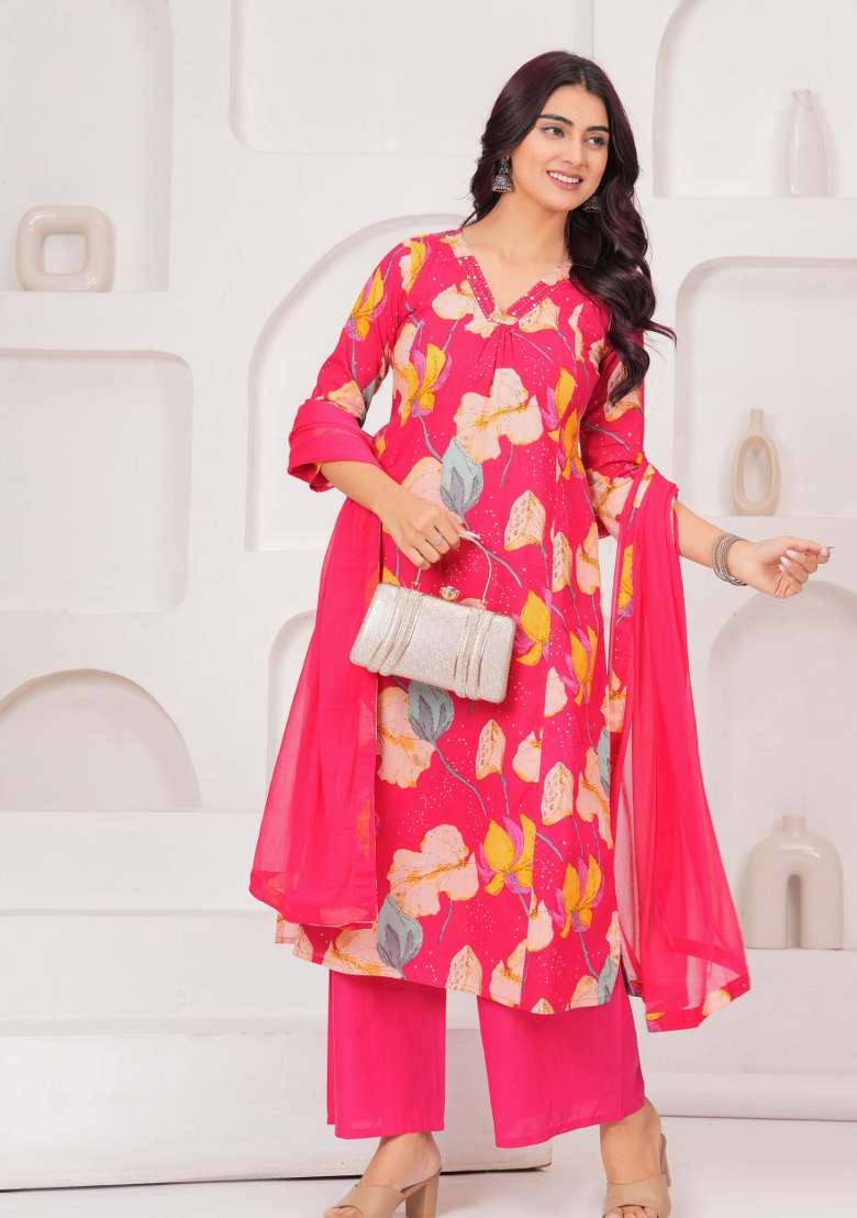 Pink Printed Cotton Kurta Set - Indya