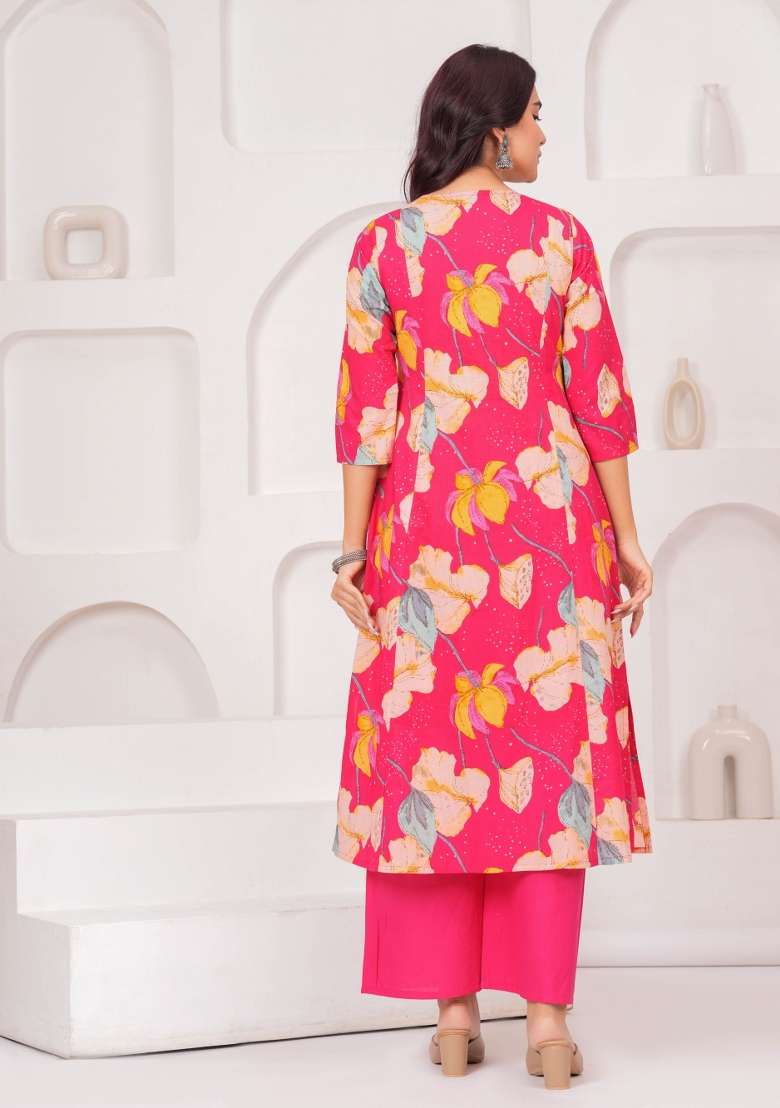 Pink Printed Cotton Kurta Set - Indya
