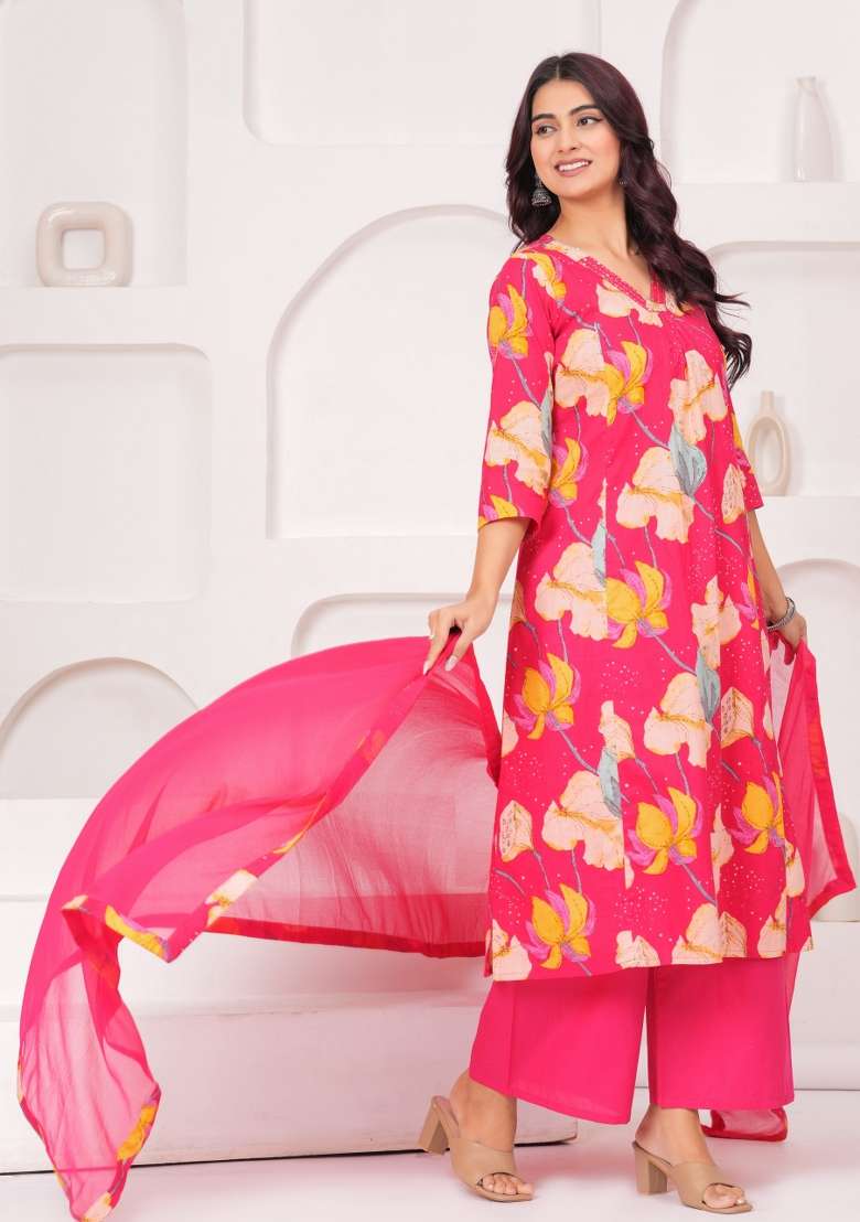 Pink Printed Cotton Kurta Set - Indya