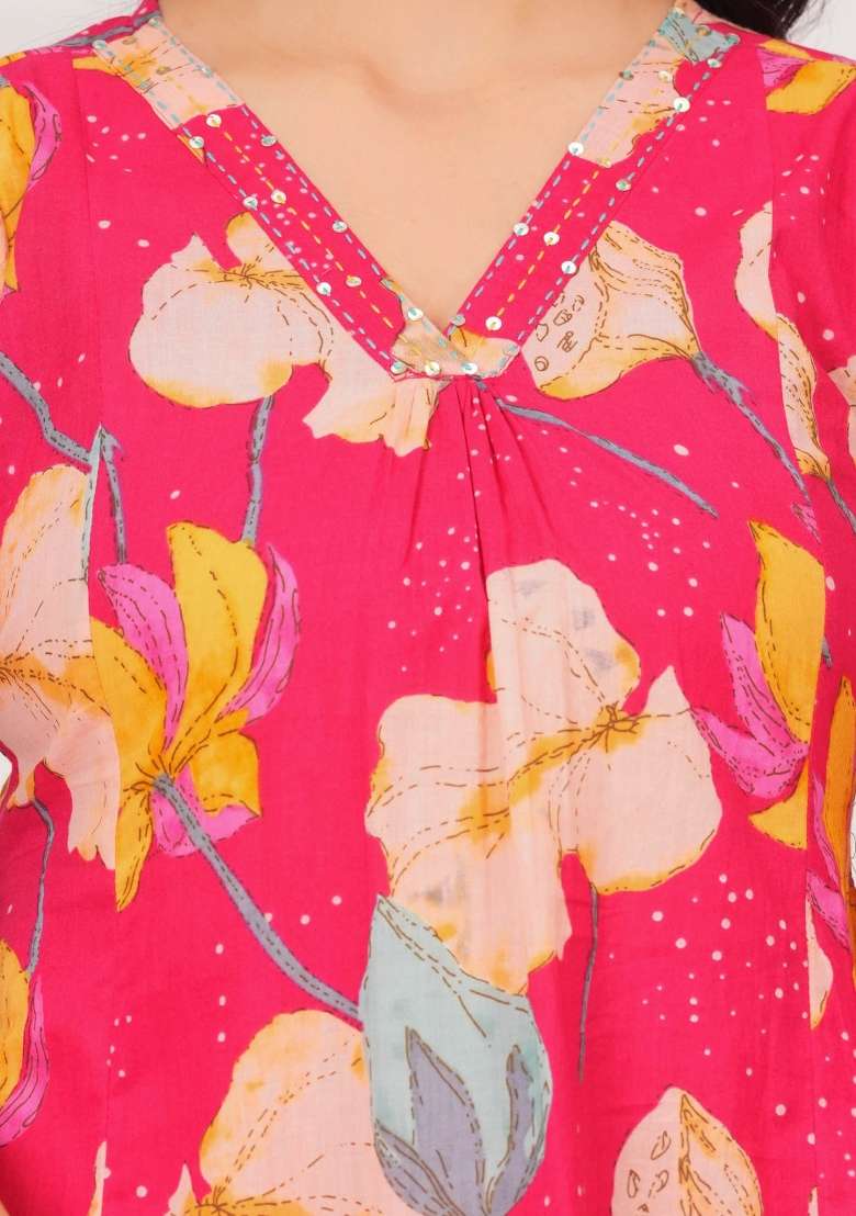 Pink Printed Cotton Kurta Set - Indya