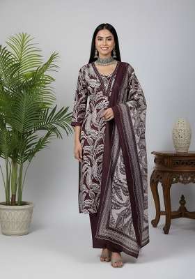 Burgundy Printed Cotton Kurta Set