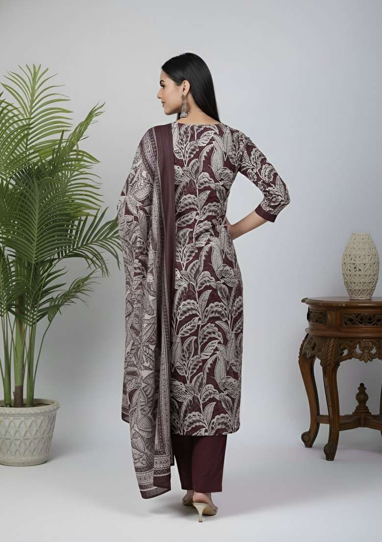Burgundy Printed Cotton Kurta Set - Indya