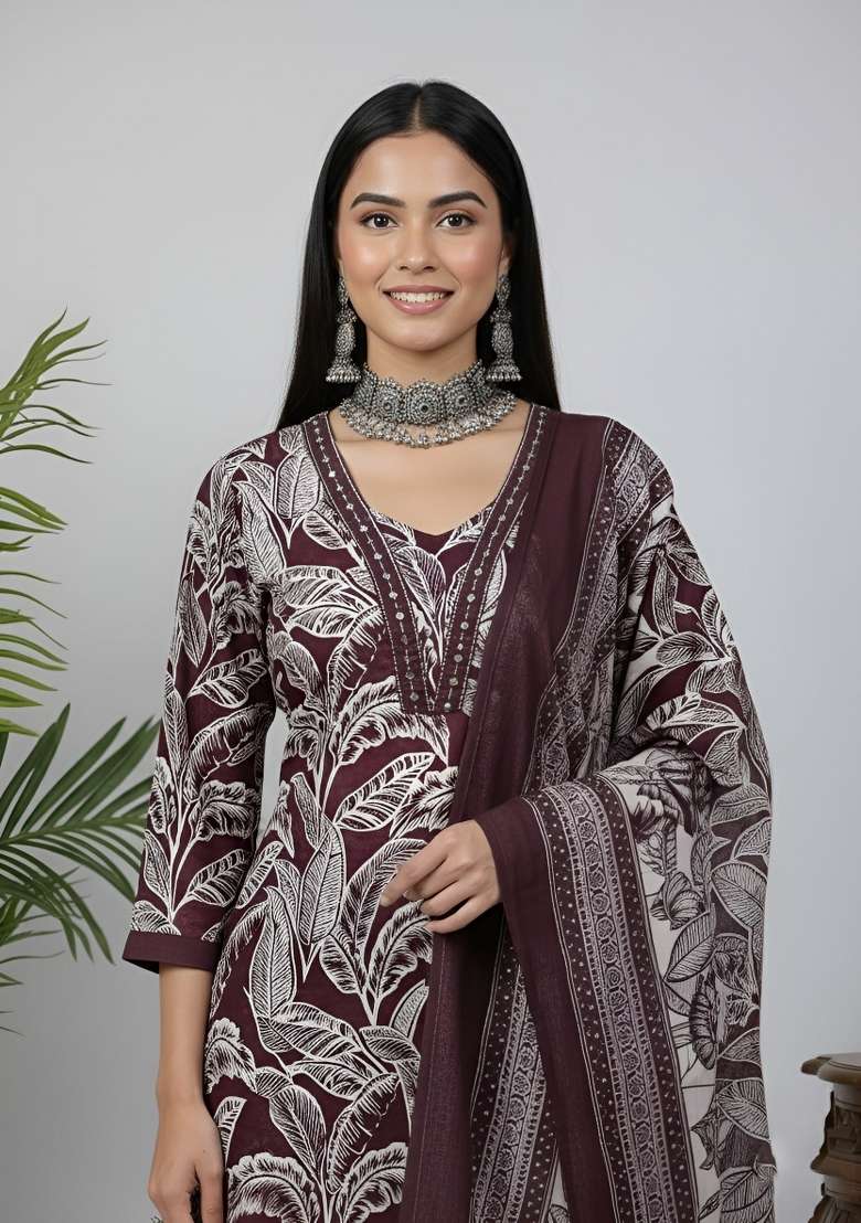 Burgundy Printed Cotton Kurta Set - Indya