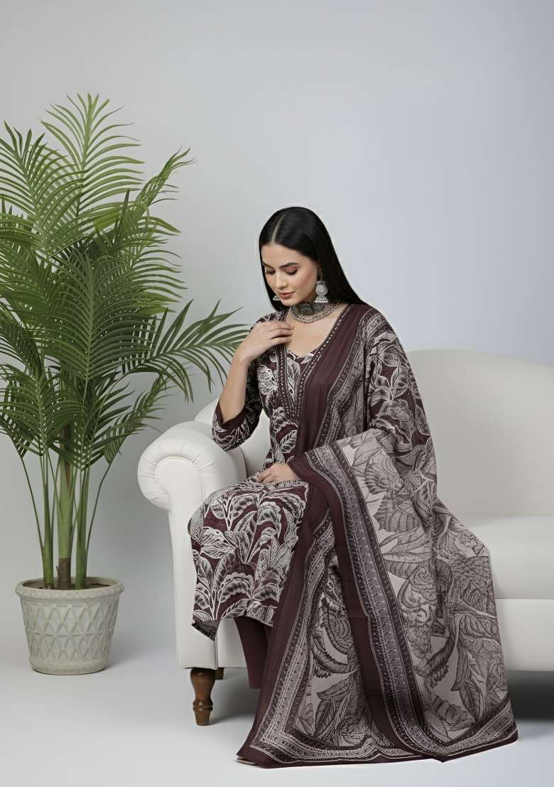 Burgundy Printed Cotton Kurta Set - Indya