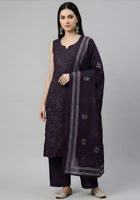 Purple Printed Cotton Kurta Set