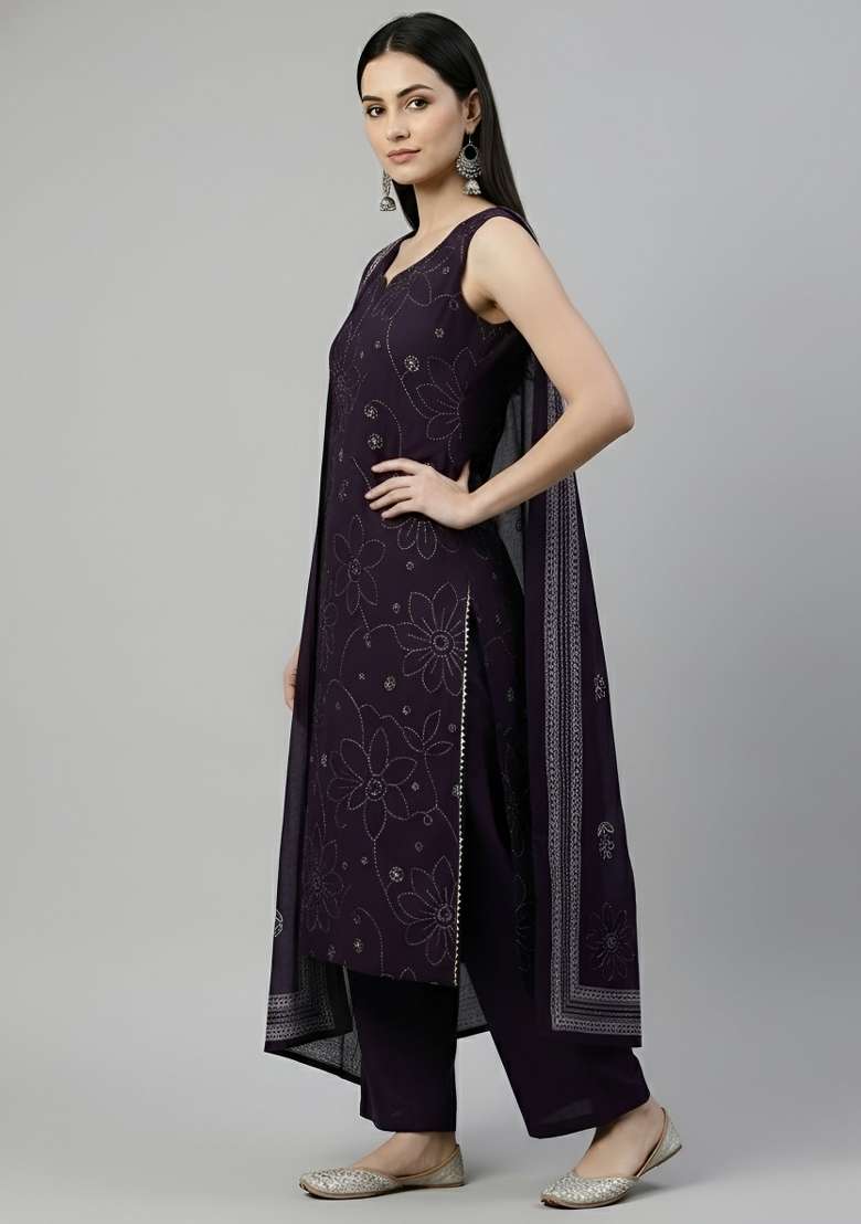 Purple Printed Cotton Kurta Set - Indya