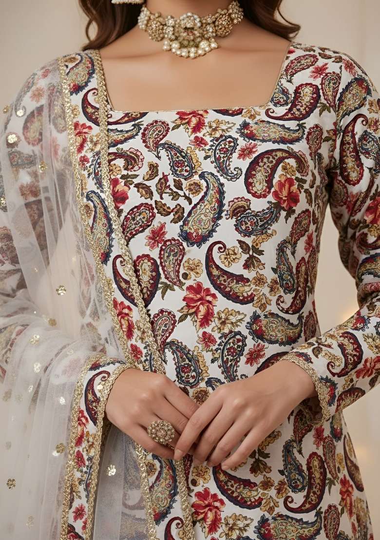 Off White Printed Cotton Kurta Set - Indya