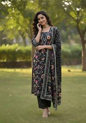 Black Printed Cotton Kurta Set