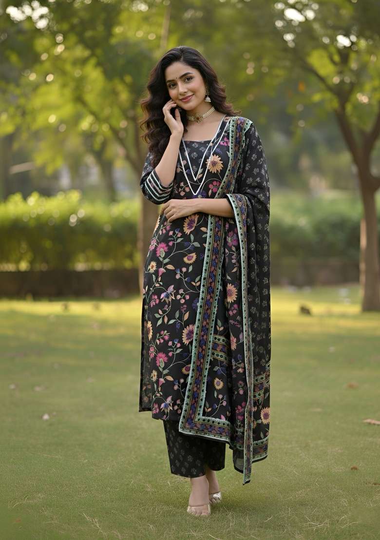 Black Printed Cotton Kurta Set - Indya