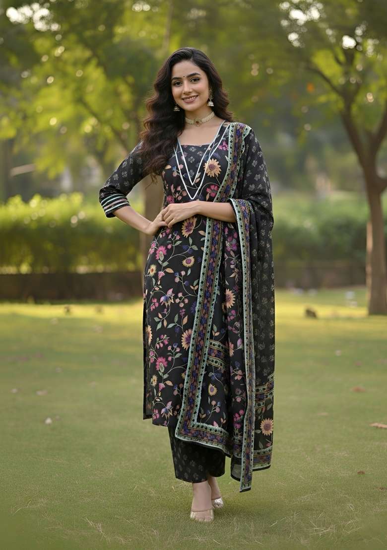 Black Printed Cotton Kurta Set - Indya