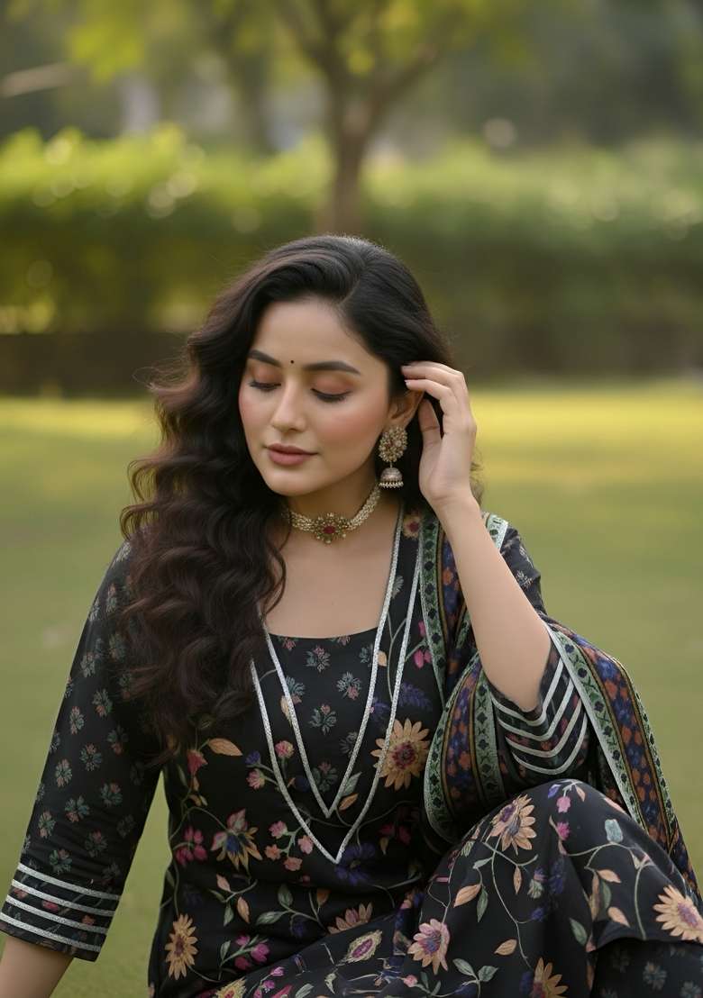 Black Printed Cotton Kurta Set - Indya