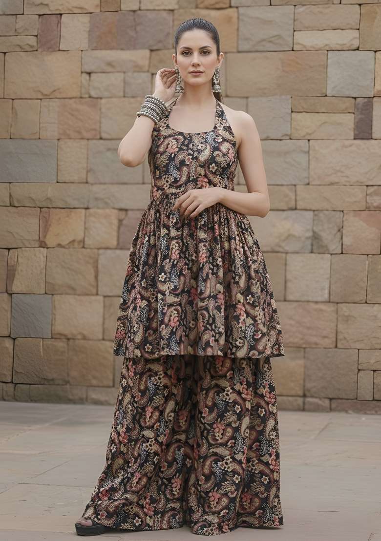 Black Printed Viscose Kurta Set - Indya