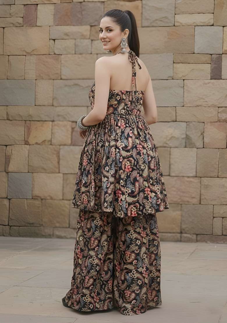 Black Printed Viscose Kurta Set - Indya