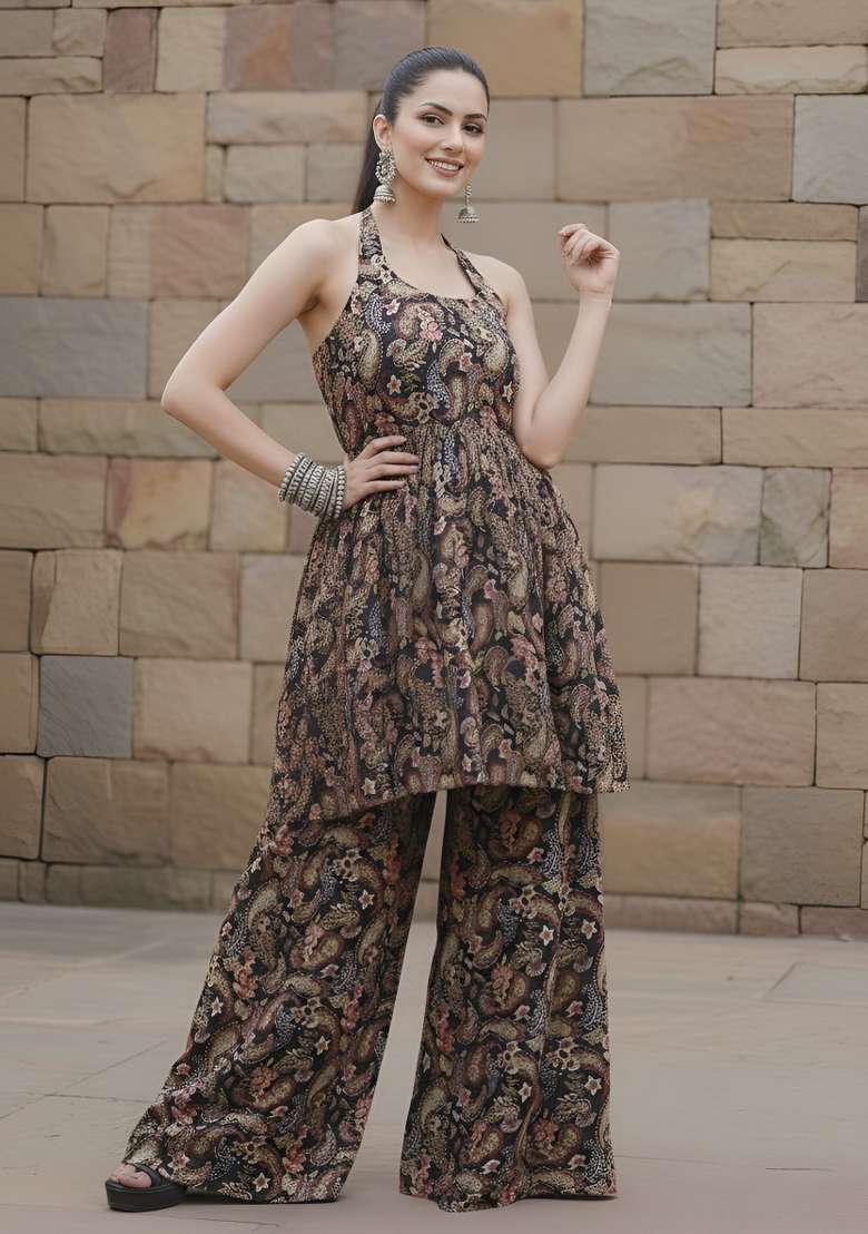 Black Printed Viscose Kurta Set - Indya