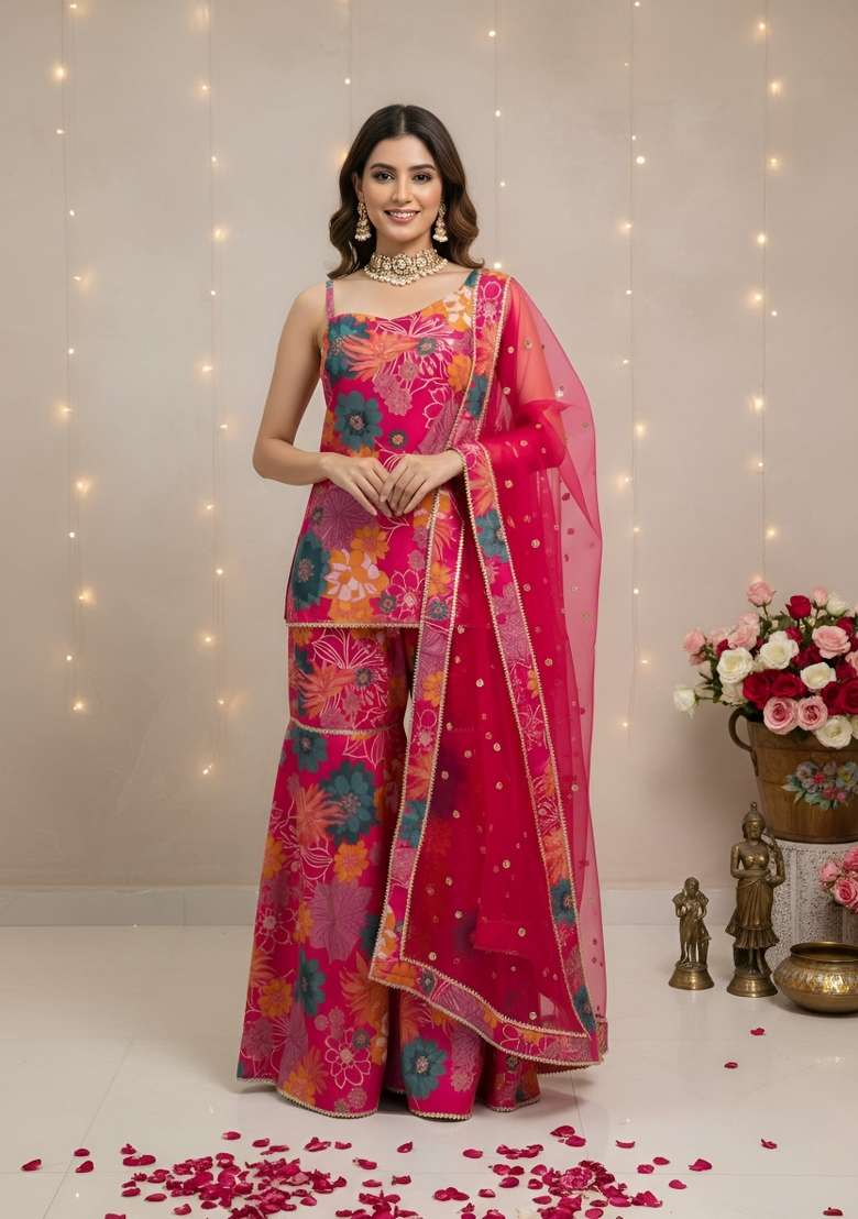 Pink Printed Cotton Kurta Set - Indya