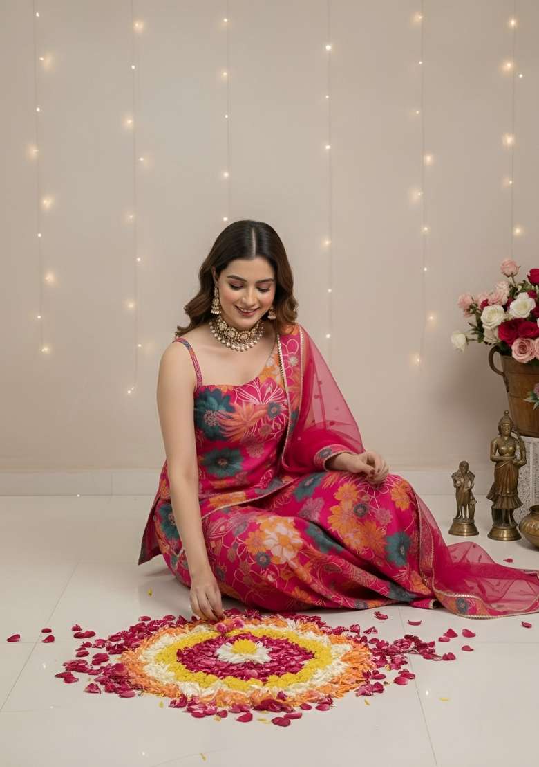 Pink Printed Cotton Kurta Set - Indya
