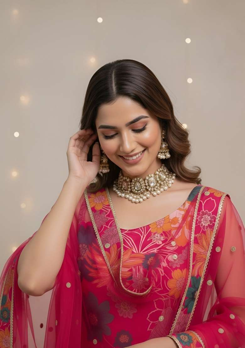 Pink Printed Cotton Kurta Set - Indya