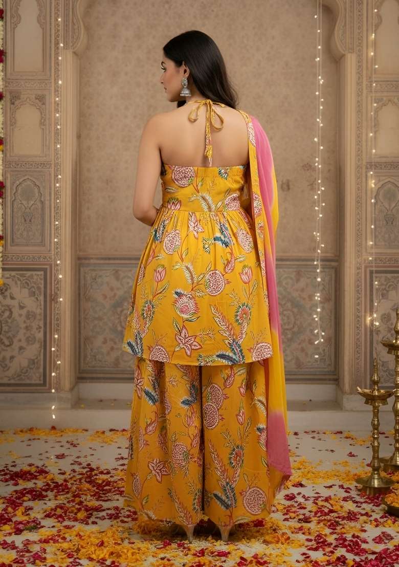 Yellow Printed Cotton Kurta Set - Indya