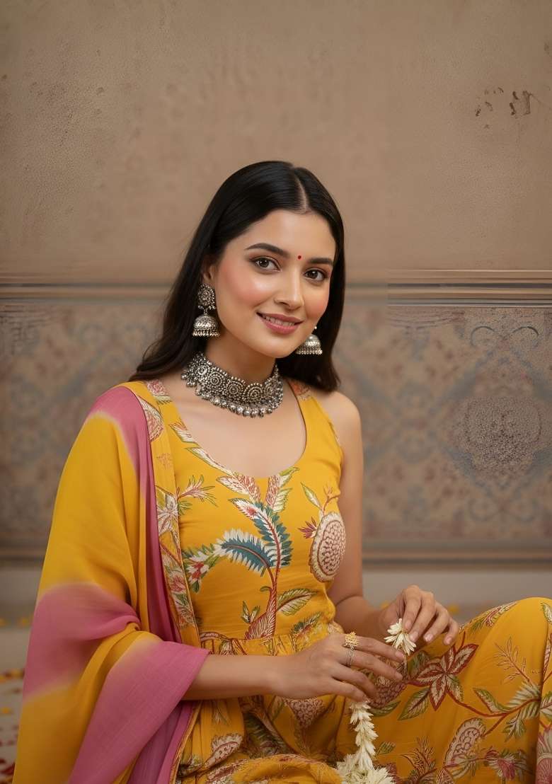 Yellow Printed Cotton Kurta Set - Indya