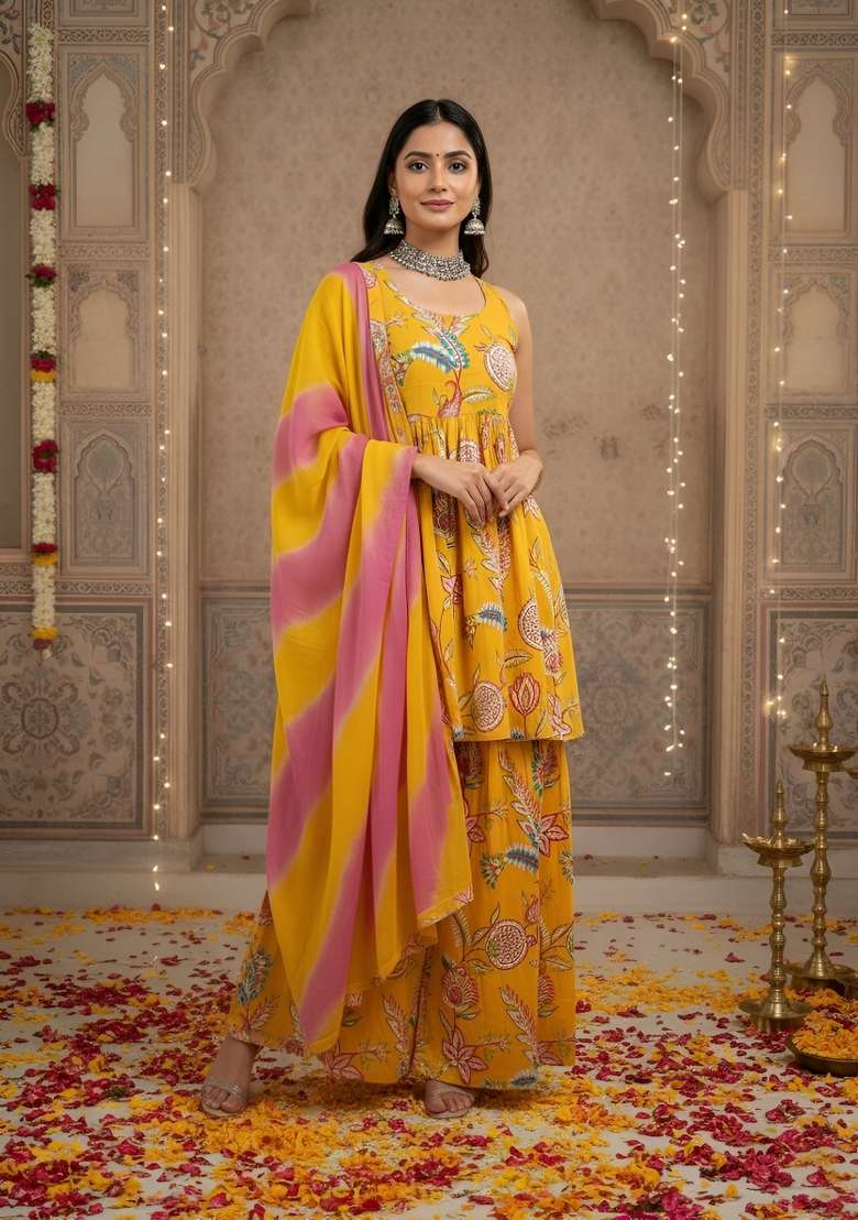 Yellow Printed Cotton Kurta Set - Indya