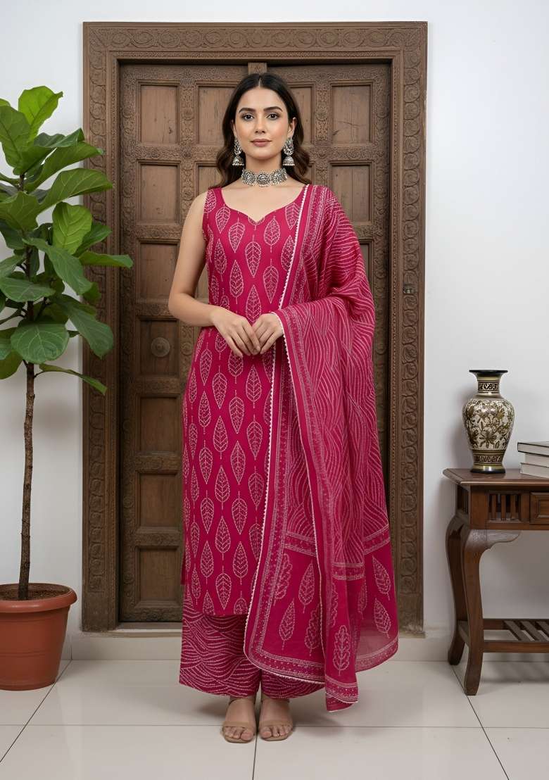 Pink Printed Cotton Kurta Set - Indya