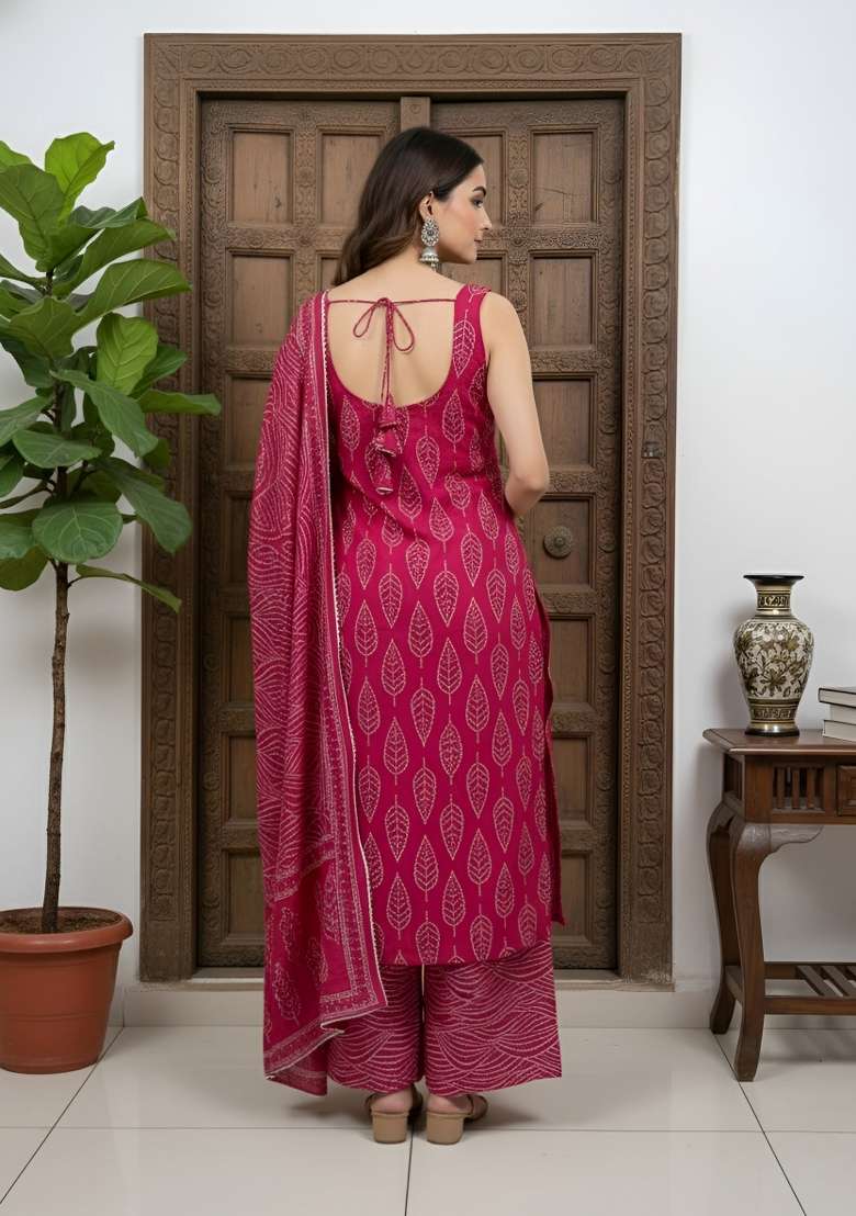 Pink Printed Cotton Kurta Set - Indya