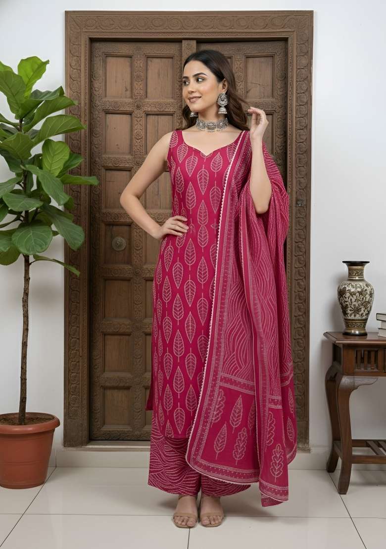 Pink Printed Cotton Kurta Set - Indya
