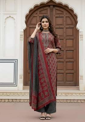Maroon Printed Cotton Kurta Set