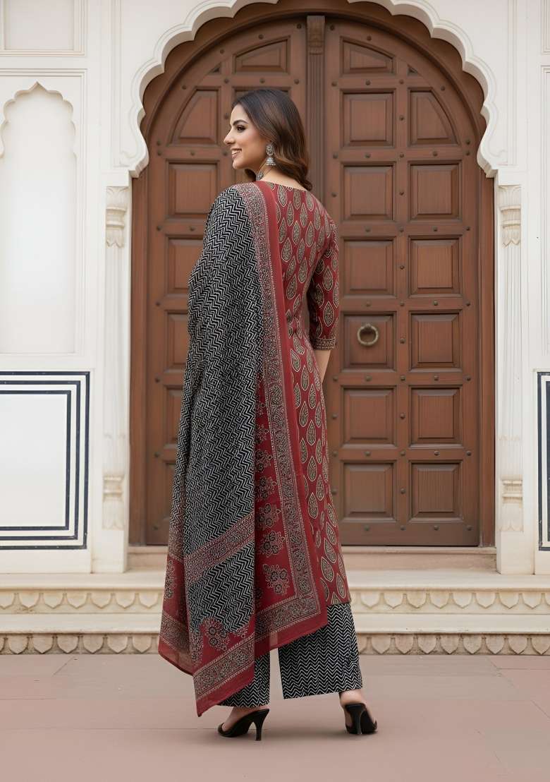 Maroon Printed Cotton Kurta Set - Indya