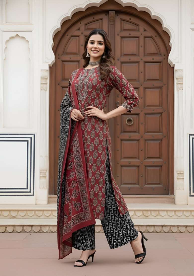 Maroon Printed Cotton Kurta Set - Indya