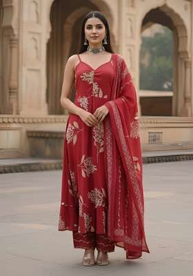 Red Printed Cotton Kurta Set