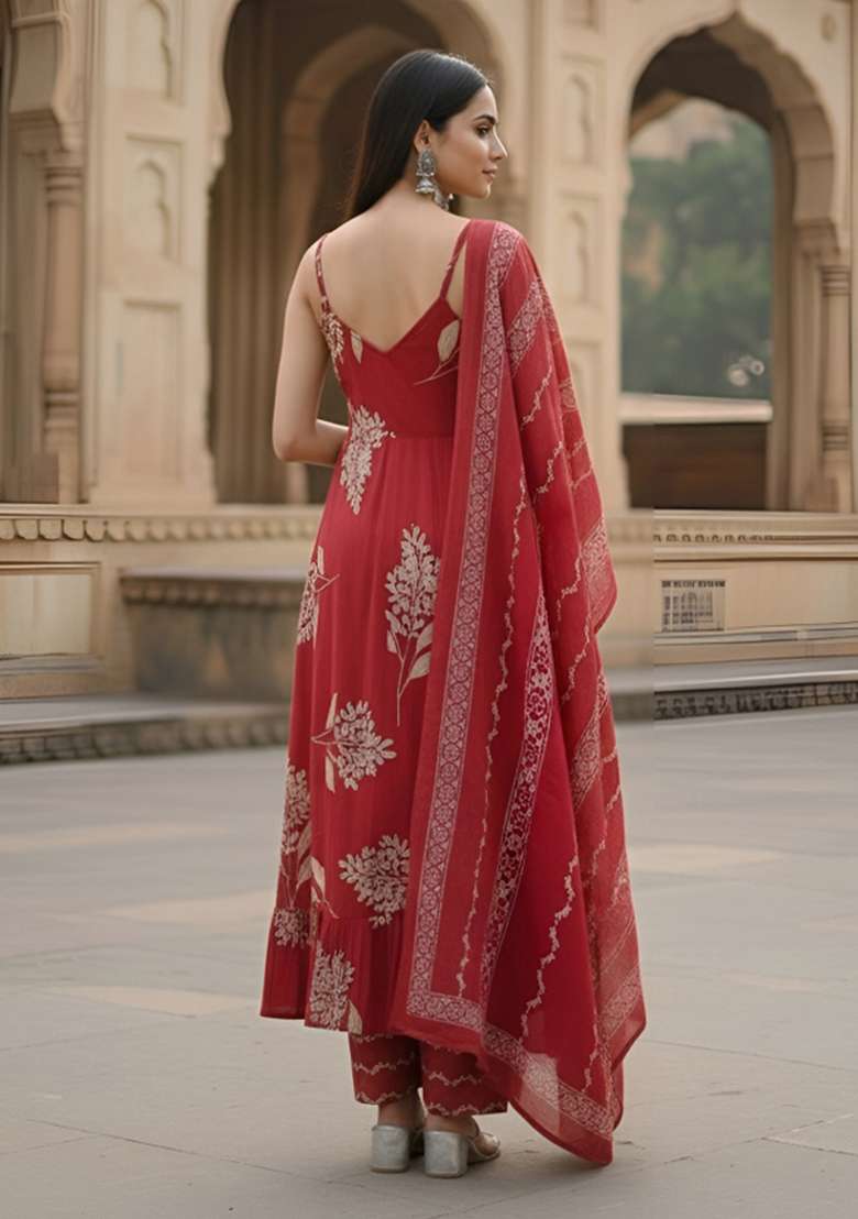 Red Printed Cotton Kurta Set - Indya