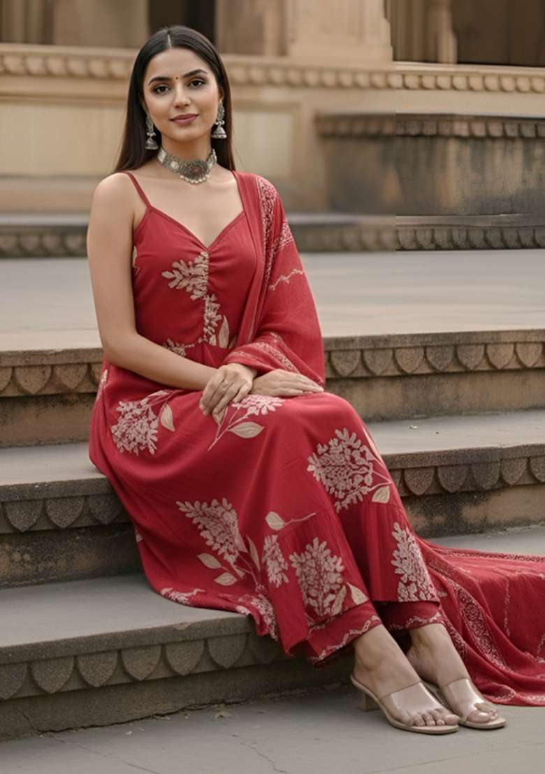 Red Printed Cotton Kurta Set - Indya