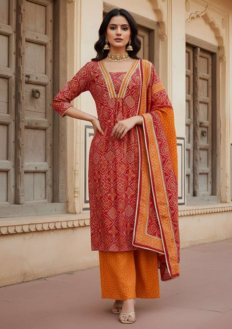 Red Printed Cotton Kurta Set - Indya