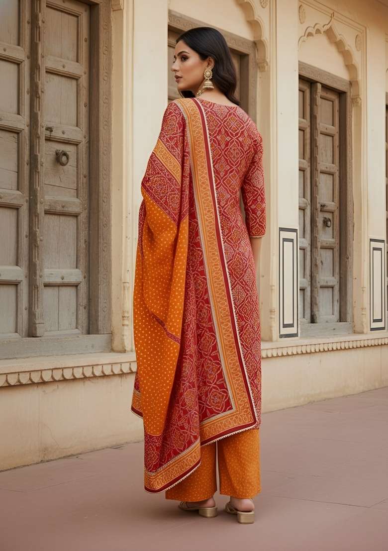 Red Printed Cotton Kurta Set - Indya