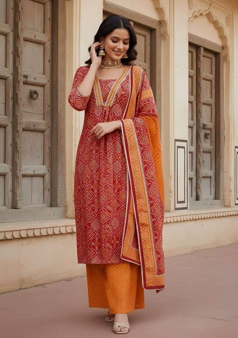 Red Printed Cotton Kurta Set - Indya