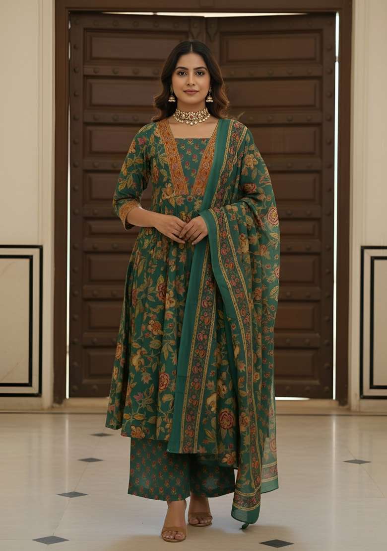 Green Printed Cotton Kurta Set - Indya