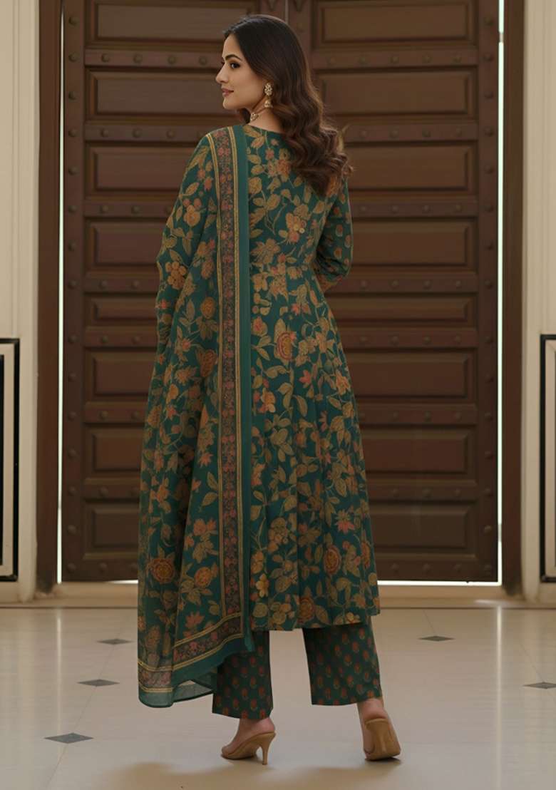 Green Printed Cotton Kurta Set - Indya