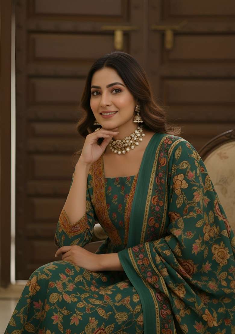 Green Printed Cotton Kurta Set - Indya