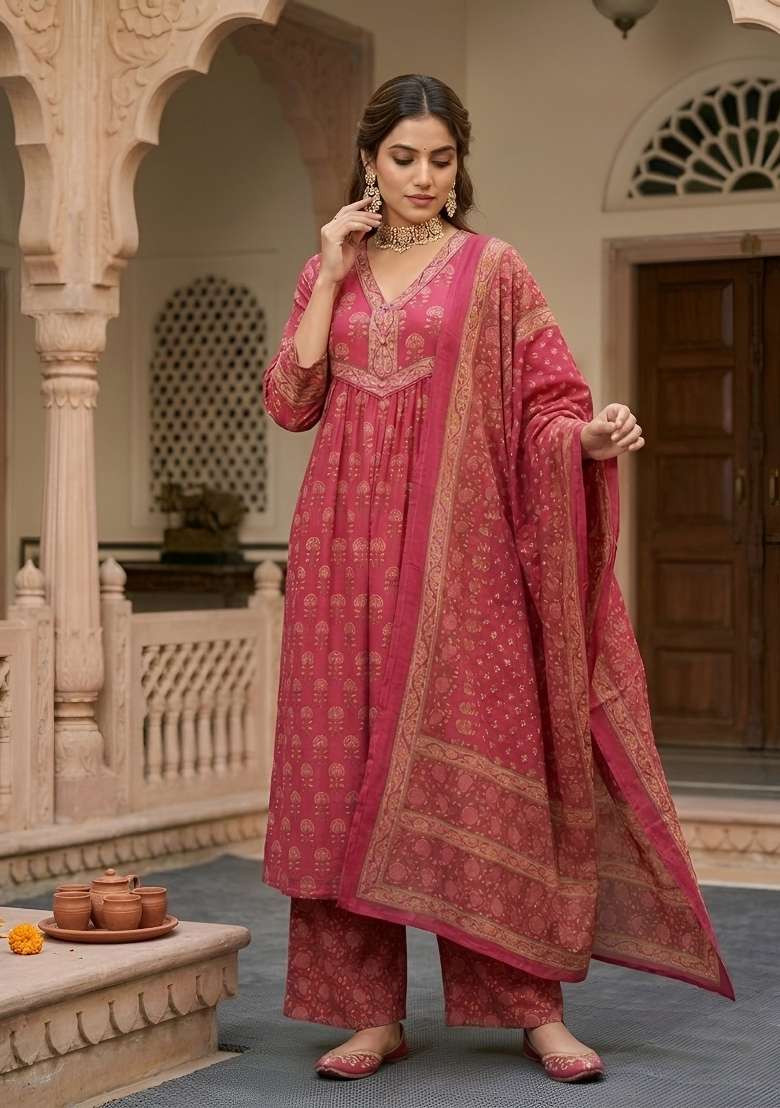 Pink Printed Cotton Kurta Set - Indya