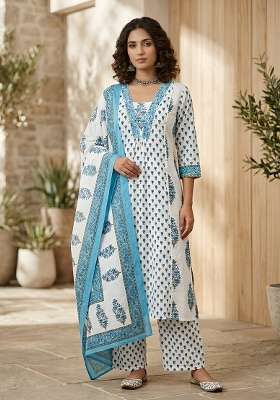Off White Printed Cotton Kurta Set