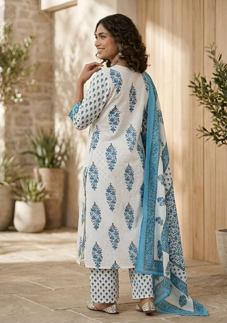 Off White Printed Cotton Kurta Set - Indya