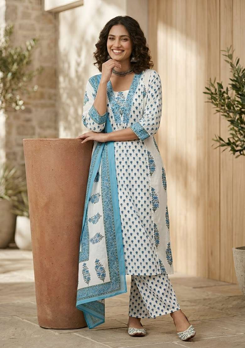 Off White Printed Cotton Kurta Set - Indya