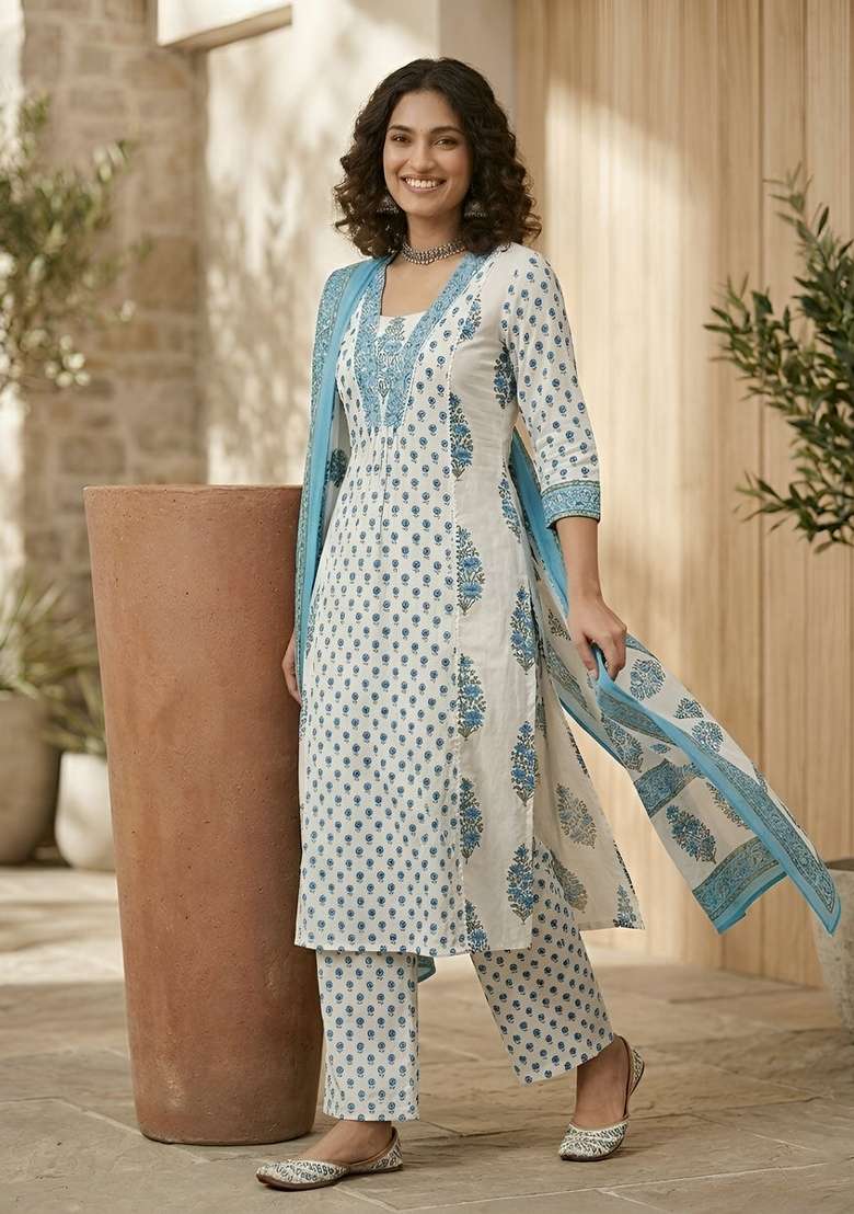 Off White Printed Cotton Kurta Set - Indya