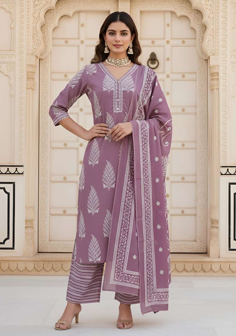 Mauve Printed Cotton Kurta Set - Indya
