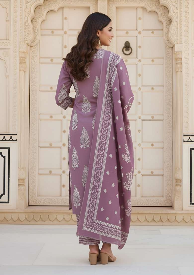 Mauve Printed Cotton Kurta Set - Indya