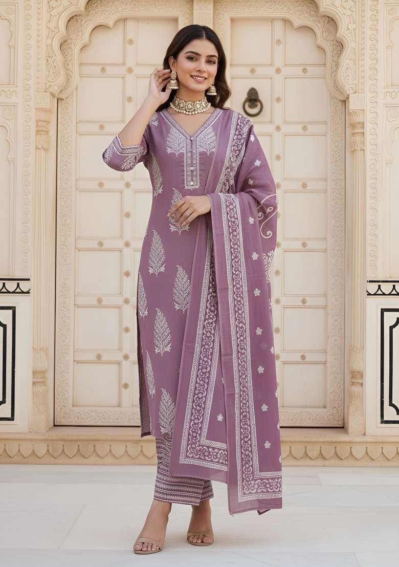 Mauve Printed Cotton Kurta Set - Indya